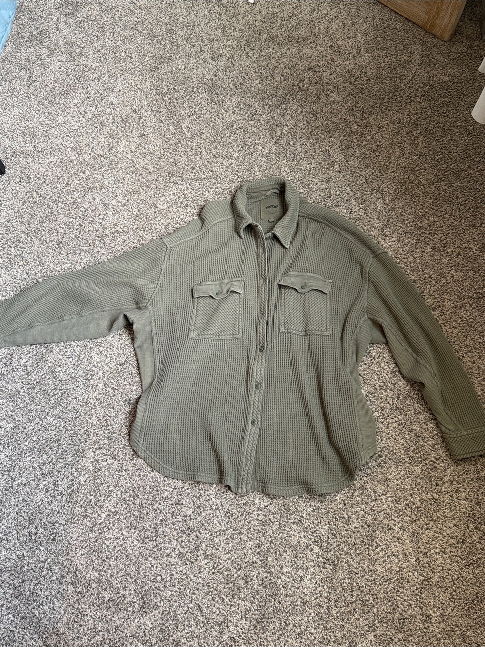 aerie Olive Green Knit Button-Up Overshirt